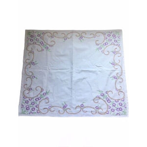 Handmade Hand Embroidered Tablecloth Vintage Purple Green Floral Scroll 36 x 31